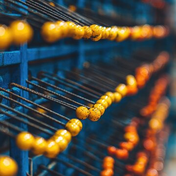 Close-up of rows of metal rods holding rows of yellow and orange beads