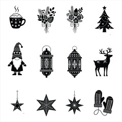 Festive holiday icons set featuring hot cocoa gnome lanterns deer mittens stars and ornaments