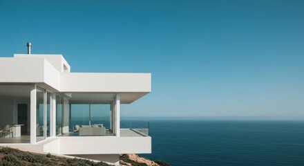 Fototapeta premium Sleek white modern house with floor-to-ceiling windows overlooking a vast blue ocean