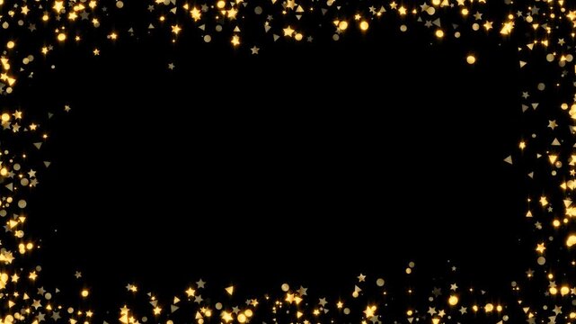 gold confetti border frame star and circle shapes happy birthday and party celeblation alpha channel animation, isolated golden luxury isolated social media motion design element