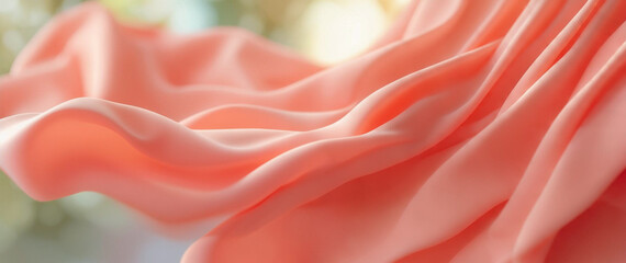 柔らかな光を浴びて風になびくピーチピンクのドレープ - 絹、サテン、ウェーブ、優雅で抽象的な背景