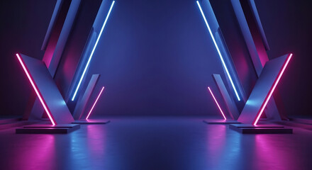 Futuristic Neon Lighted Stage with Abstract Geometric Shapes.