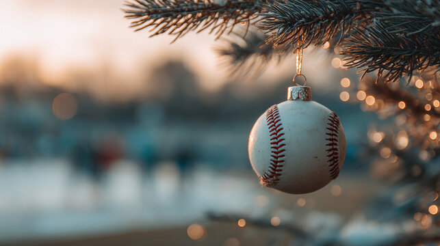 A baseball hanging like a Christmas ornament from a decorated branch, positioned neatly on the right side of a festive blurred background. The left portion remains uncluttered for text overlay. Golden