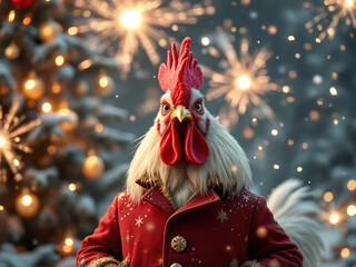 ChristmasNew Year holiday card with a central anthropomorphic rooster in red coat and white fur trim, standing on outdoor night scene amid fireworks and festive decorations like snowfl - AI-Generated