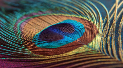 Closeup sacred beautiful peacock feather as symbol of Hindu god Lord Krishna. Krishna Janmashtami, Govardhan Puja. Indian culture and religious concept. Background with copy space for banner, poster