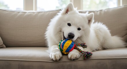 Fluffy White Samoyed Dog Relaxing on Sofa and Playing with Colorful Ball Toy