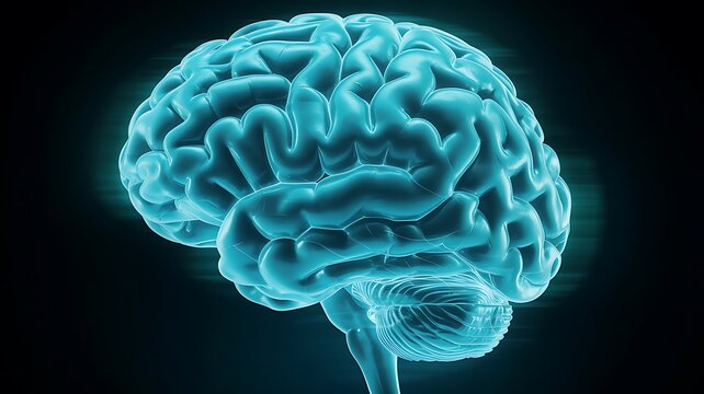 Glowing Blue Human Brain on Black Background