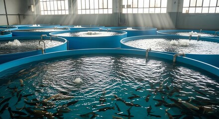 Fish farming tanks with water and fish