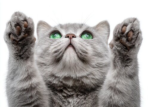 Adorable kitty playfully raising its paws, showcasing soft palms in a cute gesture, captivating feline charm, perfect for heartwarming animal lovers and pet-themed content