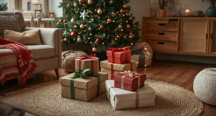 Wrapped presents on beige carpet near Christmas tree, inviting home.