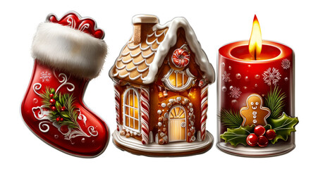 Festive Christmas Icon Set with Stocking, Gingerbread House, and Candle