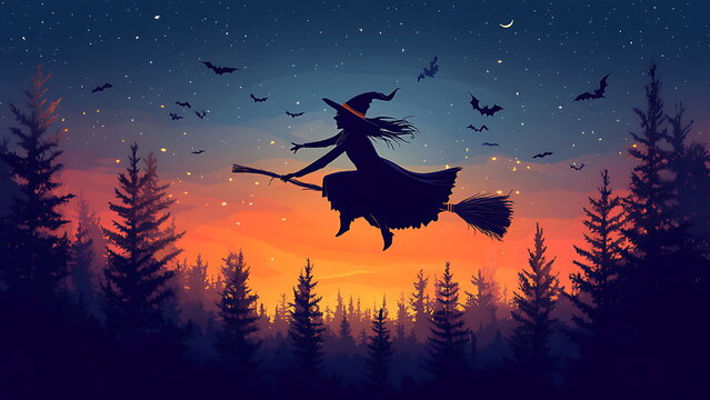 illustration of a witch flying on a broom