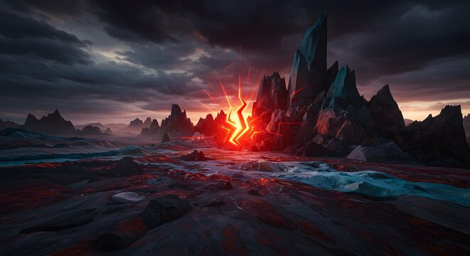 Dramatic Landscape with Fiery Crack and Jagged Mountains Under Stormy Skies