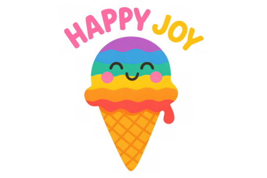 Rainbow ice cream cone with happy smiling face and happy joy text on transparent background