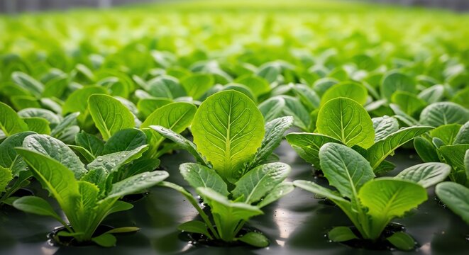 Green lettuce seedlings growing in hydroponic system