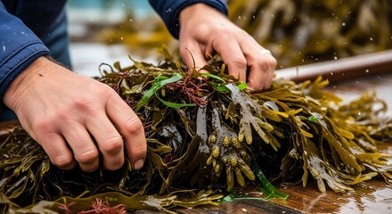Hands sorting fresh seaweed on wooden surface
