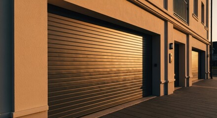 Sunlit modern building features multiple reflective roll-up garage doors at golden hour