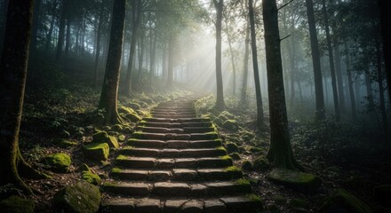 Sunlit stone path ascends through a dense, misty, mossy forest with ethereal light rays