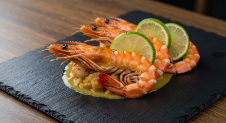 Three cooked prawns with lime slices, served on a black slate plate with creamy sauce