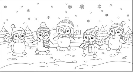 Cute Penguin Characters in Winter Wonderland Wearing Scarves and Hats, Coloring Page