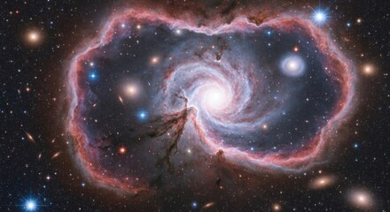 Swirling white and blue galaxy, surrounded by a luminous red and blue gas cloud