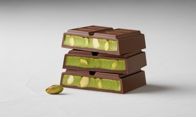 Three stacked chocolate squares reveal vibrant green pistachio nougat and whole nuts