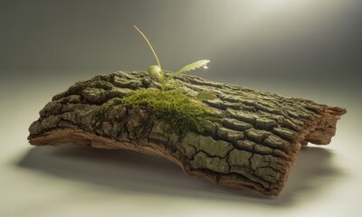 Textured bark piece with green moss and a delicate plant sprout, water droplet on leaf