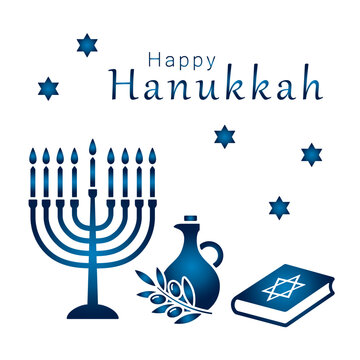 Minimalist vector Hanukkah greeting card with menorah, consecrated olive oil, Torah book and Happy Hanukkah text on white background. Monochrome blue isolated square concept or poster or SM post.