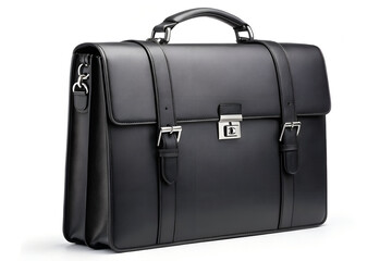 Black Leather Briefcase with Buckle Straps and Metal Clasp for Professional Use
