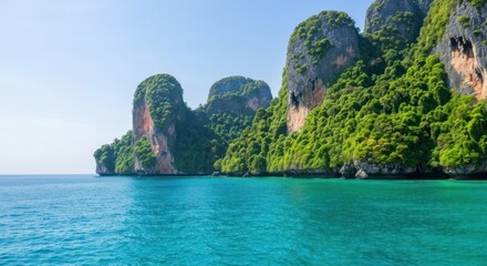 Tropical ocean with towering limestone cliffs, lush green foliage, and clear blue sky
