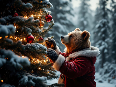 A ChristmasNew Year holiday card featuring a teddy bear dressed as Santa Claus, positioned right of frame Reaching towards a Christmas tree adorned with lights and ornaments on left s - AI-Generated