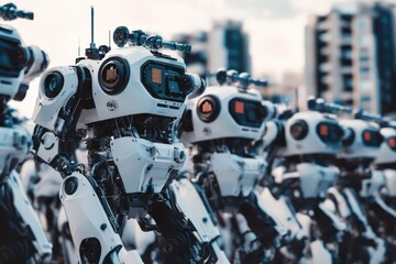 Fototapeta premium Futuristic robots lined up in an urban setting ready for a demonstration of advanced technology