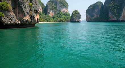 Tropical turquoise sea with towering limestone karsts and lush green islands under a clear sky