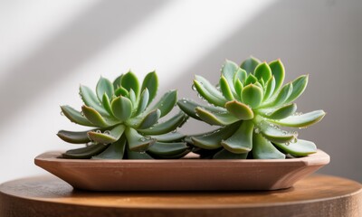 Two green succulents glistening with water droplets in a clay pot, sunlit on wood