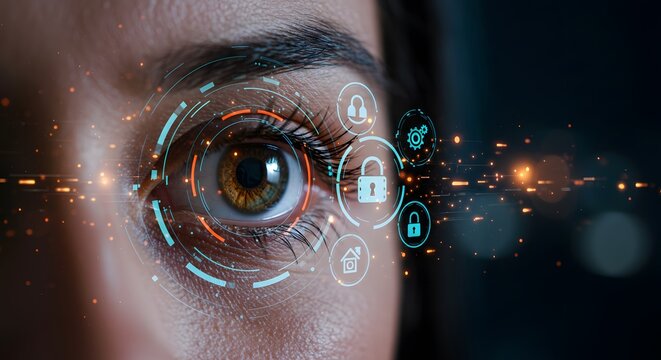 Cybersecurity and Data Protection: Futuristic Eye Scan with Digital Lock and Security Icons - Powered by Adobe