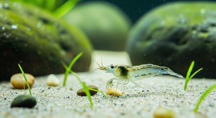 Shrimp in aquarium with sandy substrate
