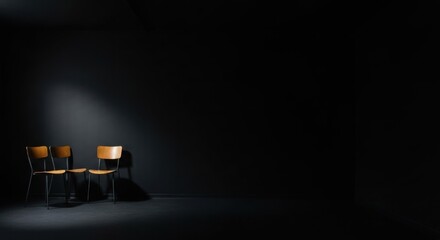 Two empty wooden chairs with metal frames, partially lit by a spotlight in a dark room