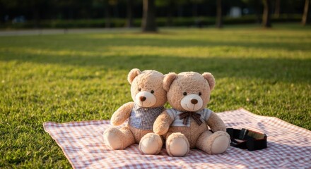 Two cuddly teddy bears on a red-and-white checkered picnic blanket in a sunlit park