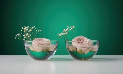 Two pale pink roses float in clear glass bowls with water and white flowers on green