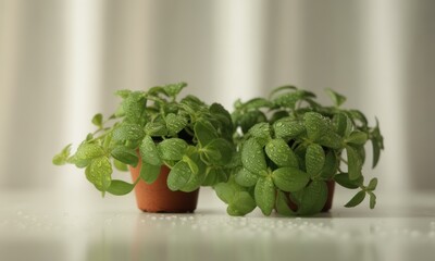 Two vibrant green plants in small pots, glistening with water droplets on white surface