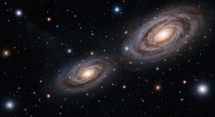 Two grand spiral galaxies with bright centers, stars, and dark dust lanes in deep space