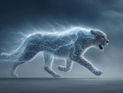 A digital artwork featuring a running leopard, emphasized by dynamic energy effects The leopard is detailed, with individual spots on its fur Background is a dark sky, contrasting wit - AI-Generated