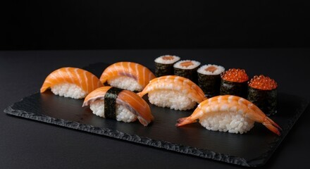 Variety of fresh salmon, shrimp, and roe rice bites on a dark stone board