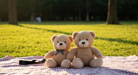 Two plush brown bears sitting on a red checkered blanket in a warm, sunny park