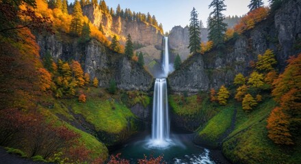 Two-tiered waterfall plunges amidst vibrant autumn forest, sunlit cliffs, and green pool