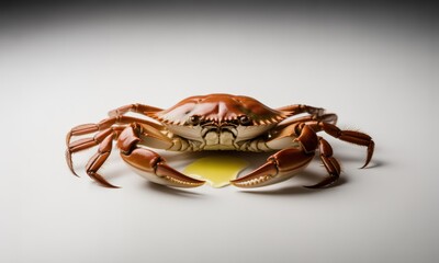 Vibrant cooked crab with reddish-brown shell and claws, centered on white with melted butter
