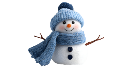 Cheerful snowman with carrot nose and blue winter accessories for holiday decoration