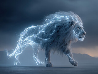 Summary A white lion with electric blue lightning in its mane stands on rocky terrain under a cloudy sky, conveying an awe-inspiring and mystical atmosphere - AI-Generated