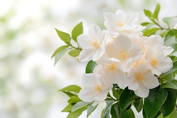Fototapeta premium Elegant White Flowers with Green Leaves Against a Soft Background of Blurred Nature