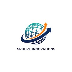 Sphere Innovations Logo with Global Network and Upward Arrow Representing Growth and Technology.